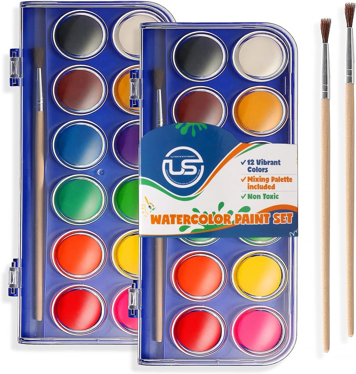 2 Pack Watercolor Paint Set 12 Vivid Colors Includes Watercolour Mixing Palette and 2 Brushes, Perfect For Artists, Beginner Painters